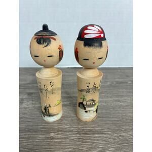 Vintage Japanese Kokeshi Handpainted Wood Dolls 5” Collectibles Art